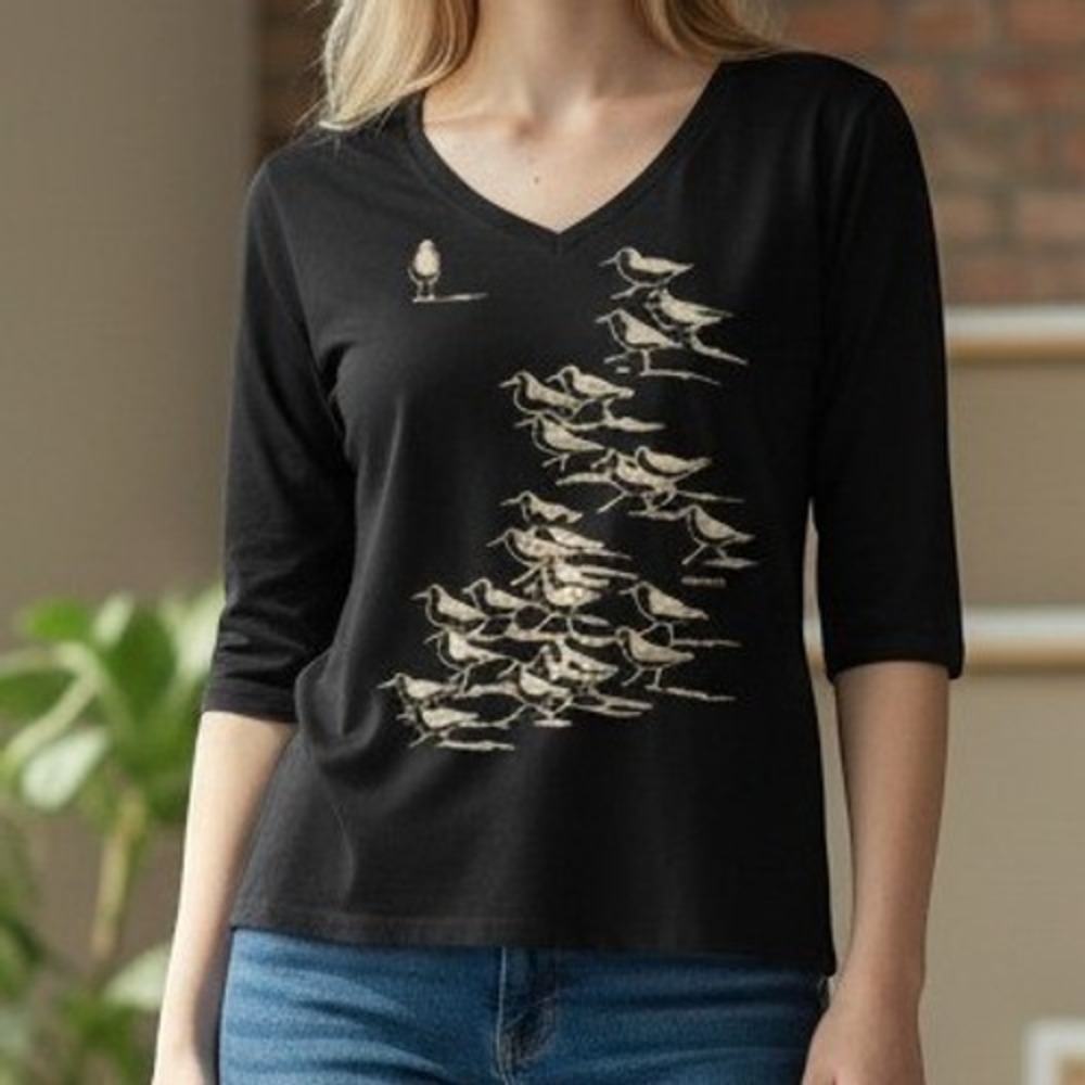 Marushka Women Black 3/4 Sleeve Sandpiper Bird Graphic Tee XL Nature artsy